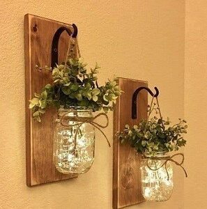 Mason Jar Wall Lights?2 Pack?/Vintage Hanging Sconces Rustic Wall Decor LED Fairy Light + Green Fake Plant Wood Board for Party/Garden/Christmas/Patio/Wedding D?cor