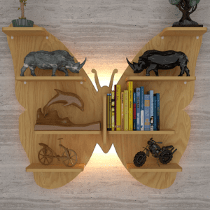 Butterfly Shape Backlit Wood Wall Shelf / Book Shelf / Night Light, Light Oak Finish