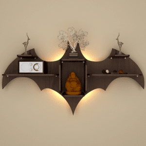 Bat Shape Backlit Wood Wall Shelf / Book Shelf / Night Light, Walnut Finish