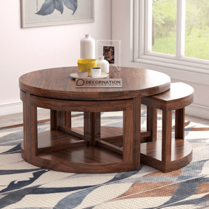 Leicester Circular Wooden Coffee Table with 4 Stools ? Brown