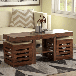 Ely Solid Wooden Coffee Table with 2 Stools with Storage ? Natural Finish