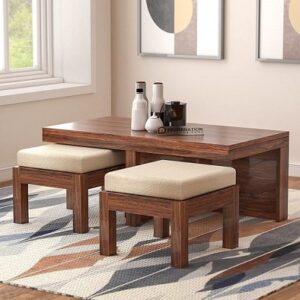 Cambridge Solid Wooden Coffee Table with 2 Stools ? Brown