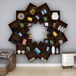 The Lotus Wood Wall Cabinet / Book Shelf, Walnut Finish