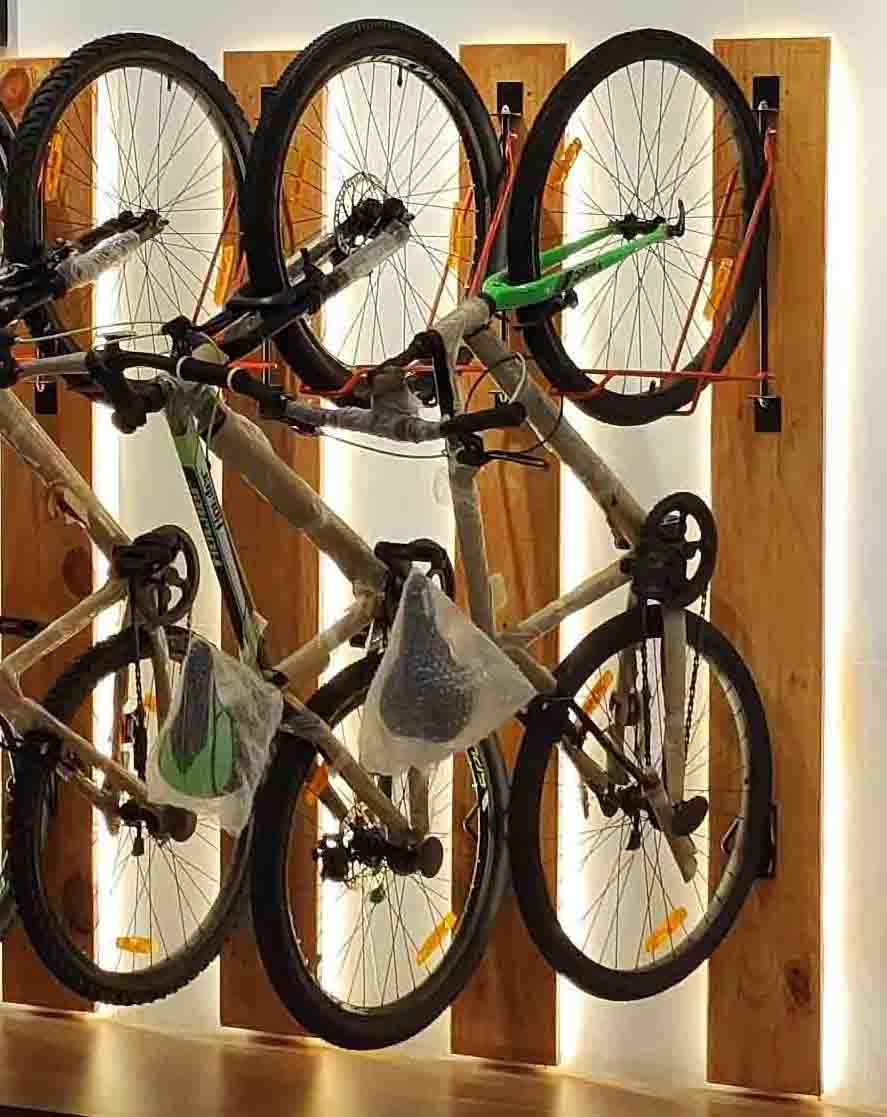 Cycle hanging store design wooden plan with vertical 90° hook as per design Ads