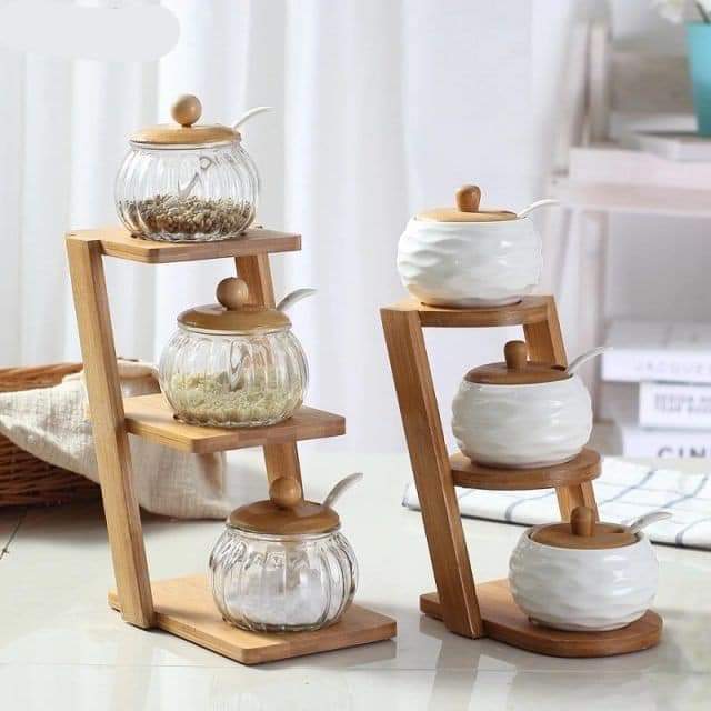 ADS Step-wise Bamboo Shelf Spice Jar Three Floors Tray Glass Jar 2 Set