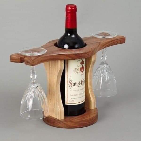 ADS Pinewood Home Handcrafted 1 Wine Bottle & 2 Glass Holder for Home Decoration