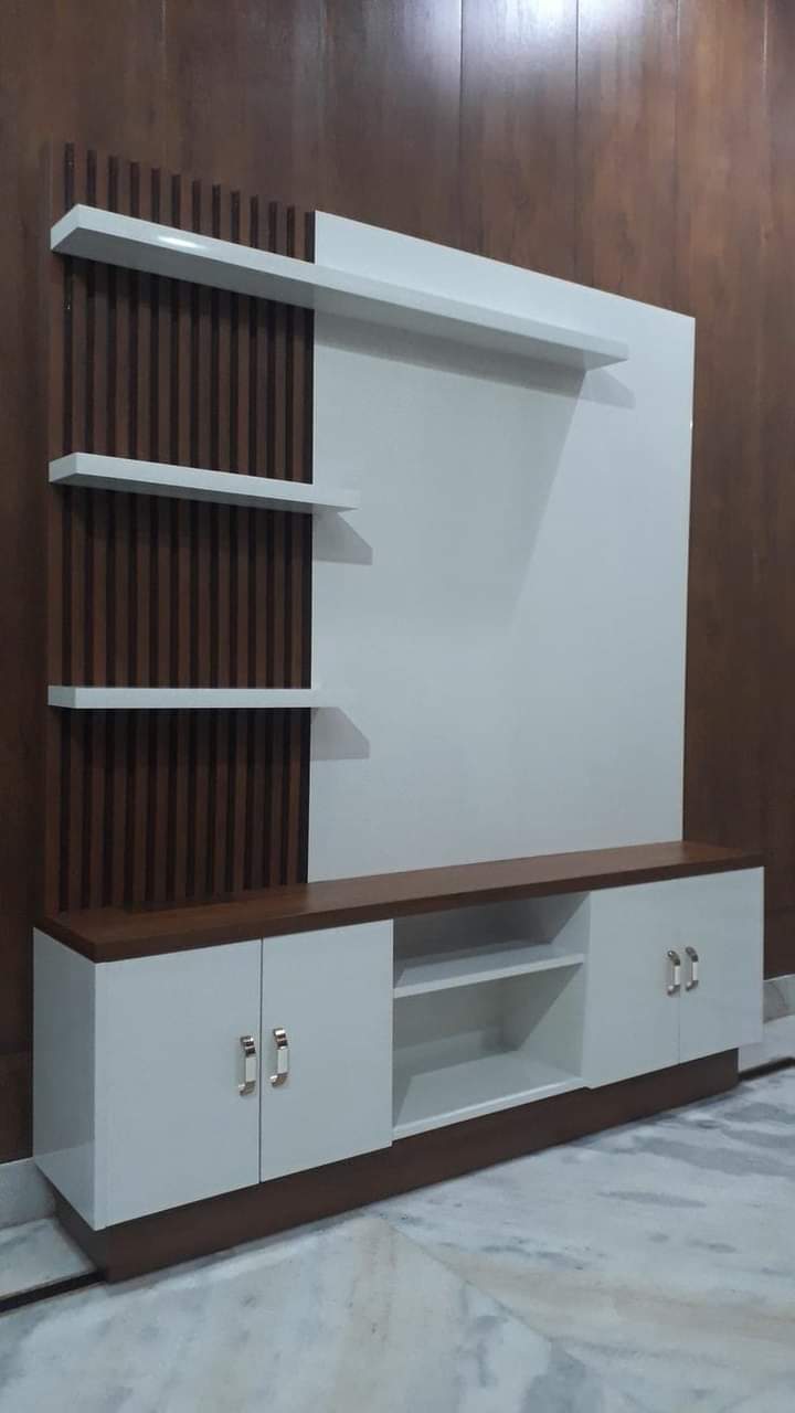 Brown & White House of Storage Plywood TV Unit Design By ADSCART