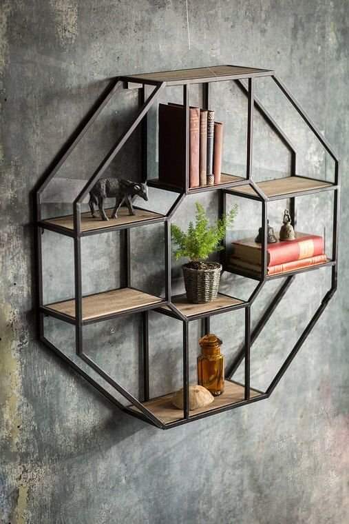 Ads Cart  Modern Hexagonal Shaped Wall Mount Shelf Iron, Wooden Wall Shelf