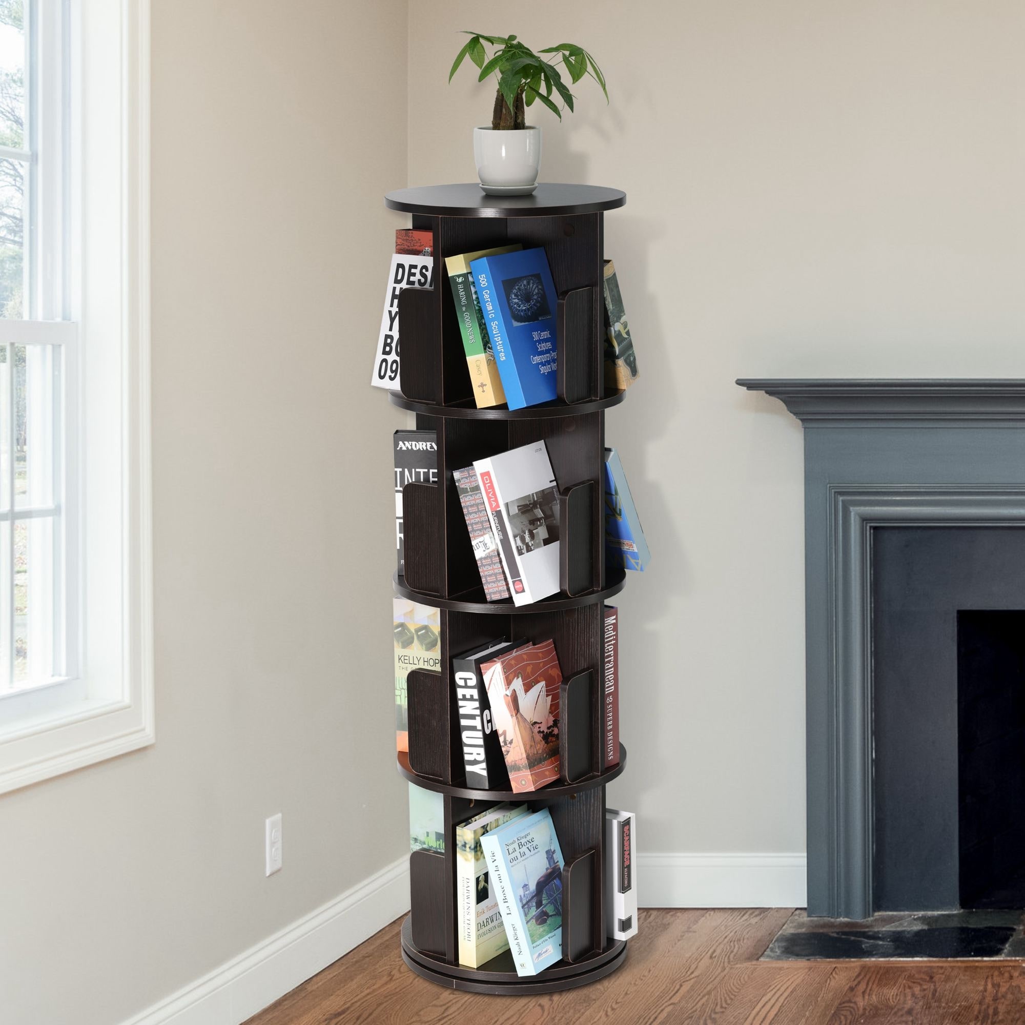 Modern Four Shelves Brown Walnut 360 Degree Rotating Bookshelf