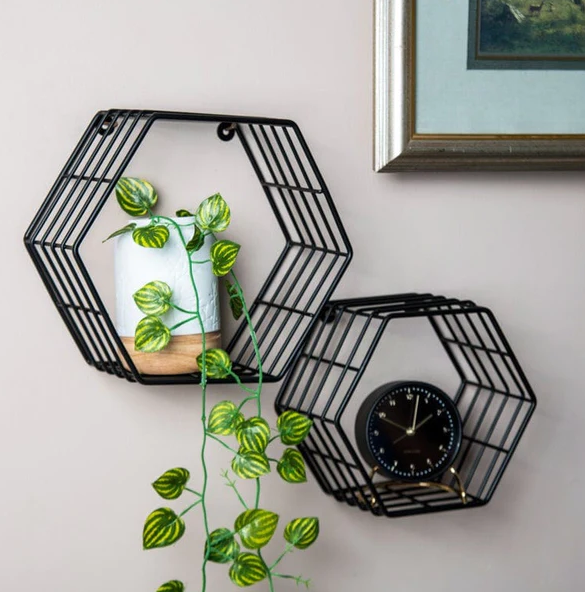 Ads Cart  Hexagon Wall Shelves, Set of 2 - Matte Black